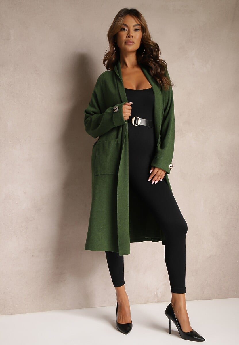 Zielony Kardigan z Wiskozą i Modalem Ozdobiony na Rękawach Guzikami Velestra 2