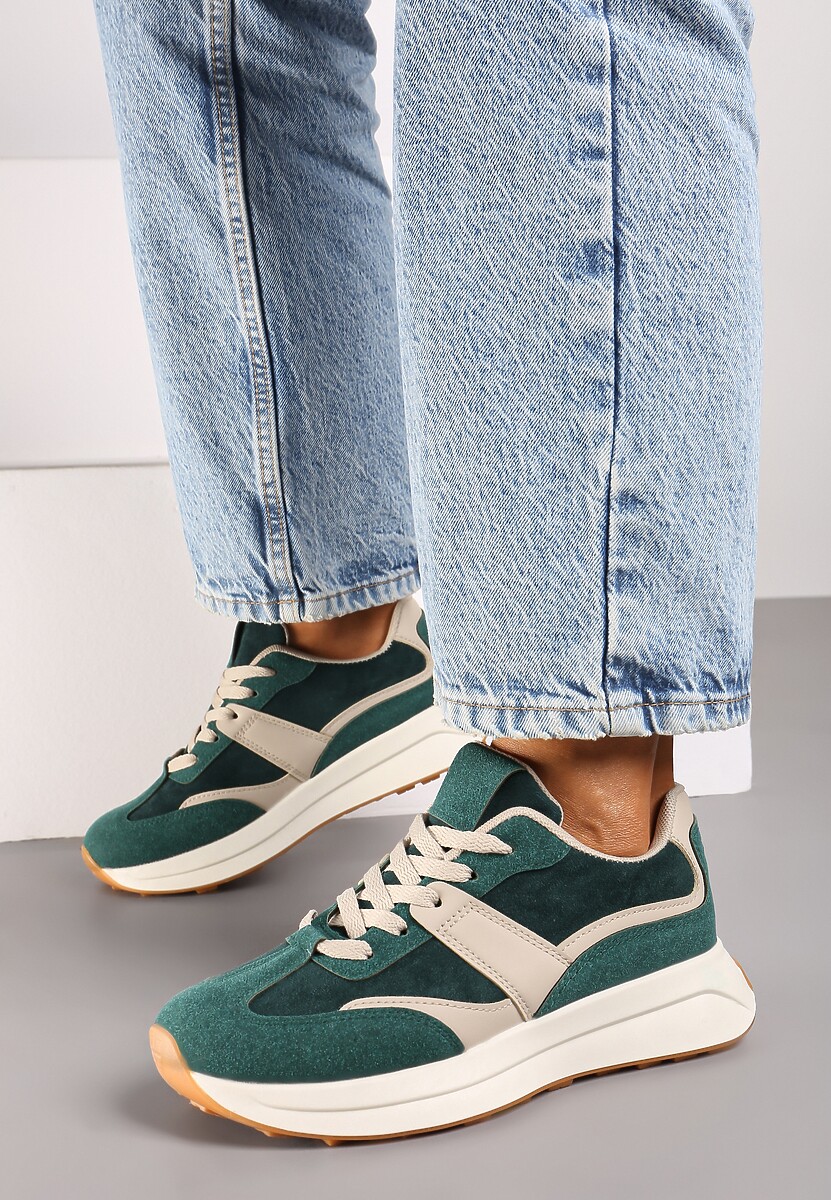 Zielone Sneakersy na Płaskiej Podeszwie Ozdobione Geometrycznym Motywem Neveirae 1