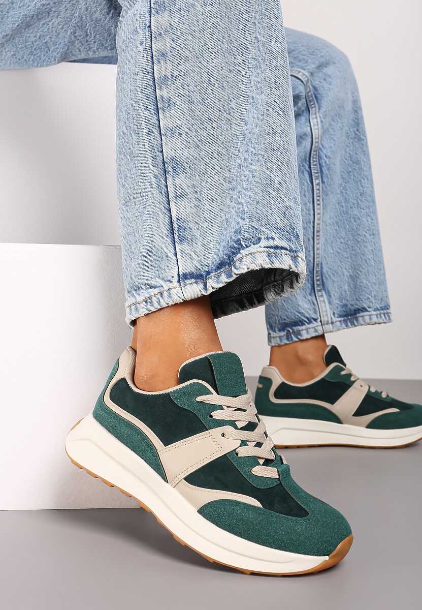 Zielone Sneakersy na Płaskiej Podeszwie Ozdobione Geometrycznym Motywem Neveirae 2