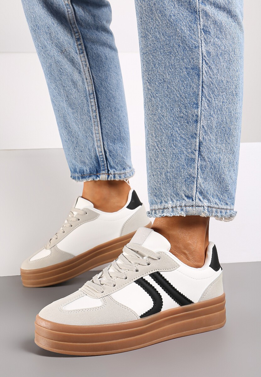 Biało-Czarne Sneakersy na Platformie Wykończone Paskami Mivalie 1