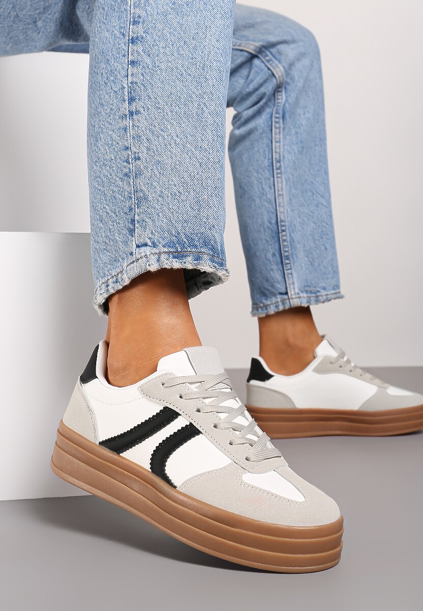 Biało-Czarne Sneakersy na Platformie Wykończone Paskami Mivalie 2