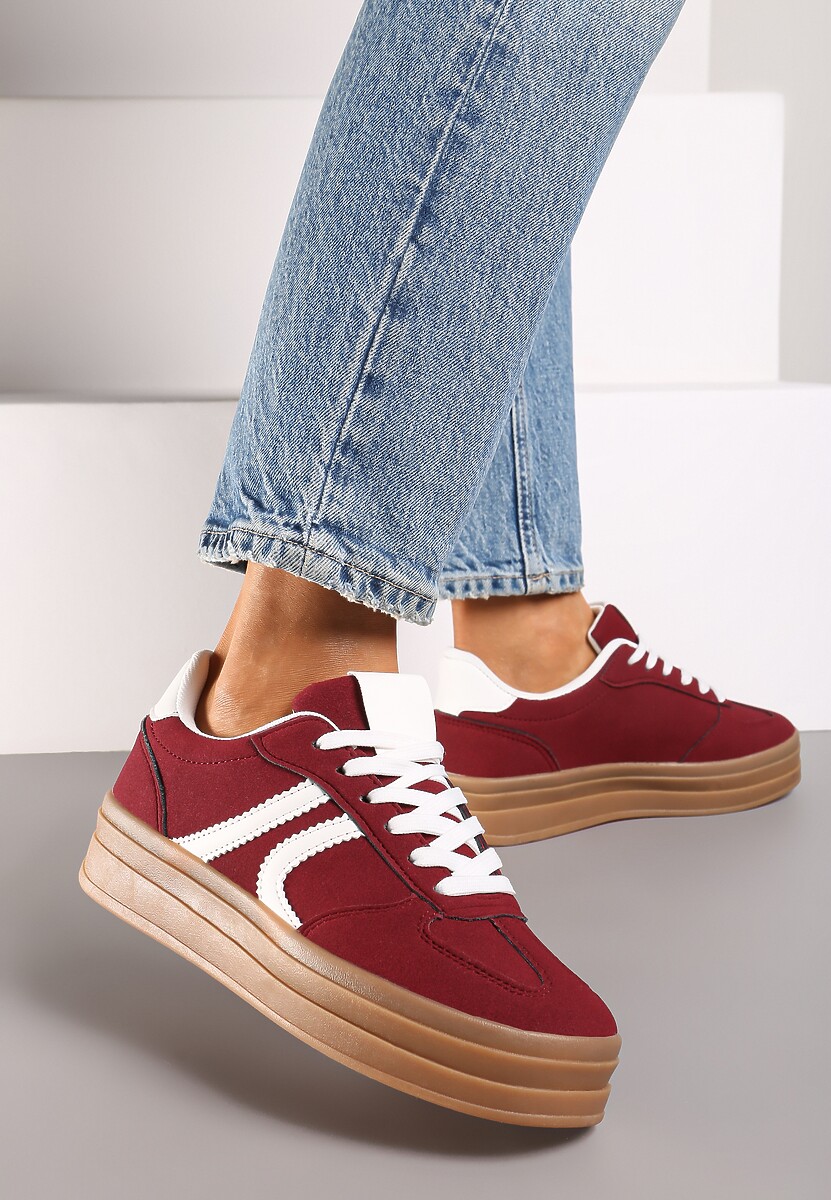 Bordowe Sneakersy na Platformie Wykończone Paskami Mivalie 1