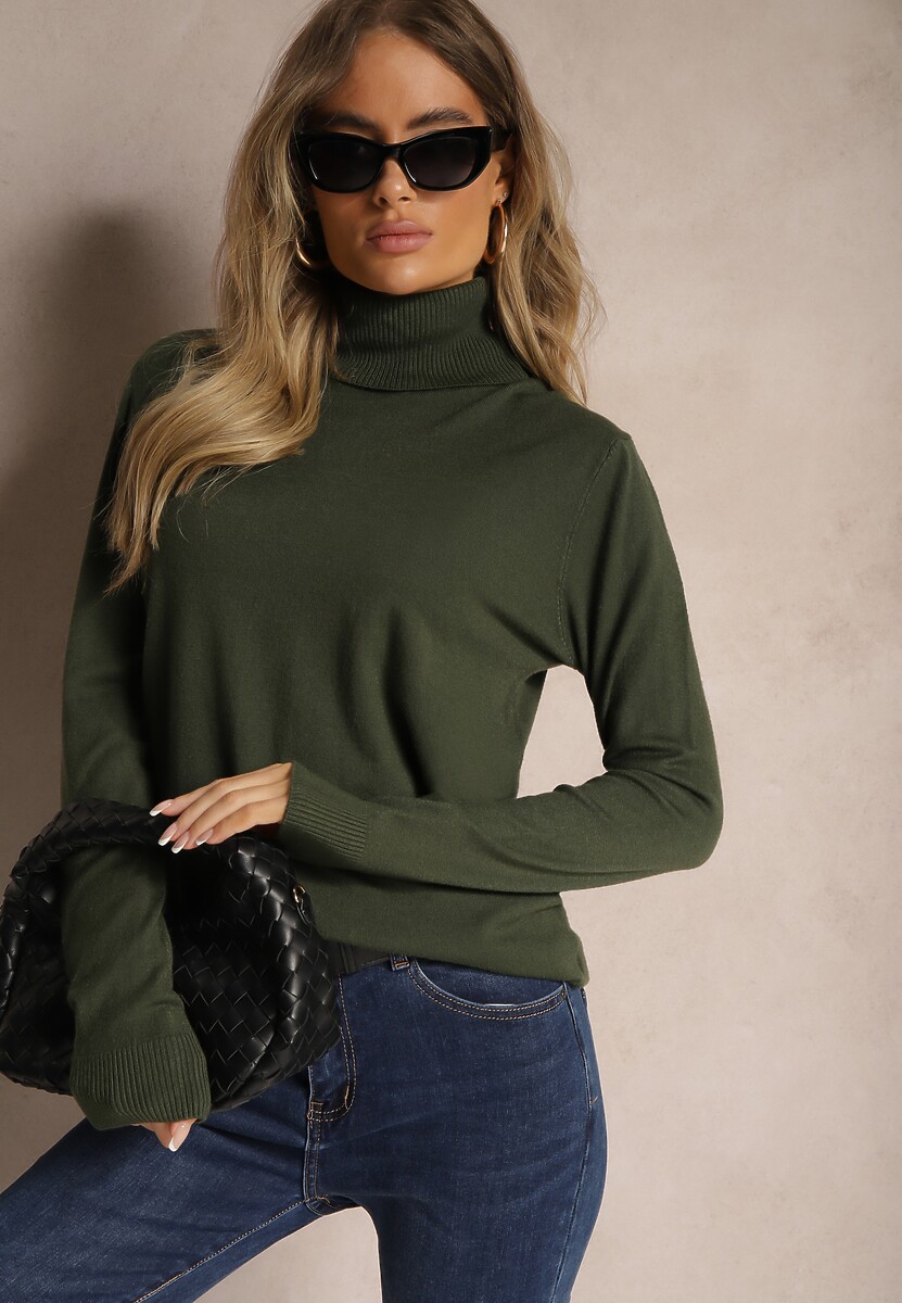 Ciemnozielony Klasyczny Golf Longsleeve z Dodatkiem Wiskozy Leriona 1