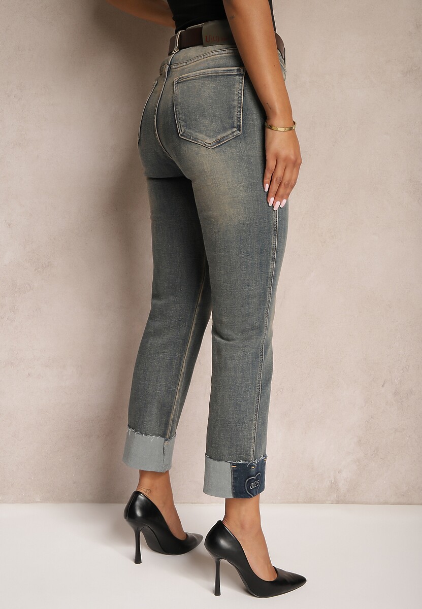 Niebiesko-Szare  Jeansy High Waist z Bawełny z Efektem Postarzenia i Modnym Paskiem Rilelle 3