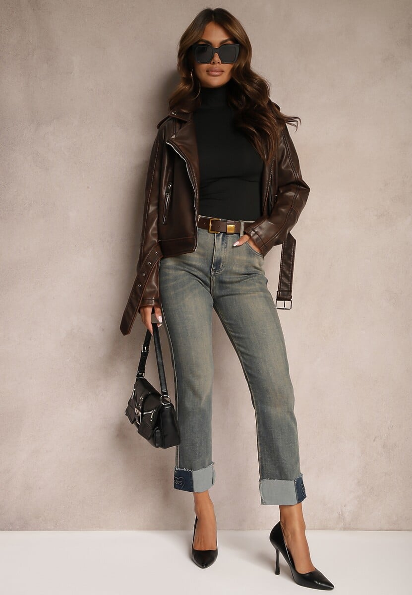 Niebiesko-Szare  Jeansy High Waist z Bawełny z Efektem Postarzenia i Modnym Paskiem Rilelle 1