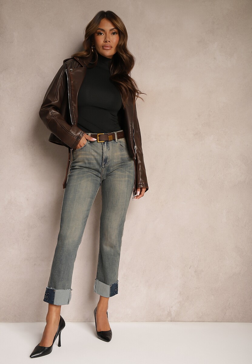 Niebiesko-Szare  Jeansy High Waist z Bawełny z Efektem Postarzenia i Modnym Paskiem Rilelle 2