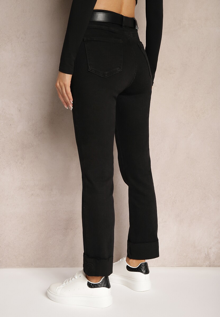 Czarne Jeansy High Waist z Paskiem z Klamrą i Podwiniętymi Nogawkami Lerialen 3
