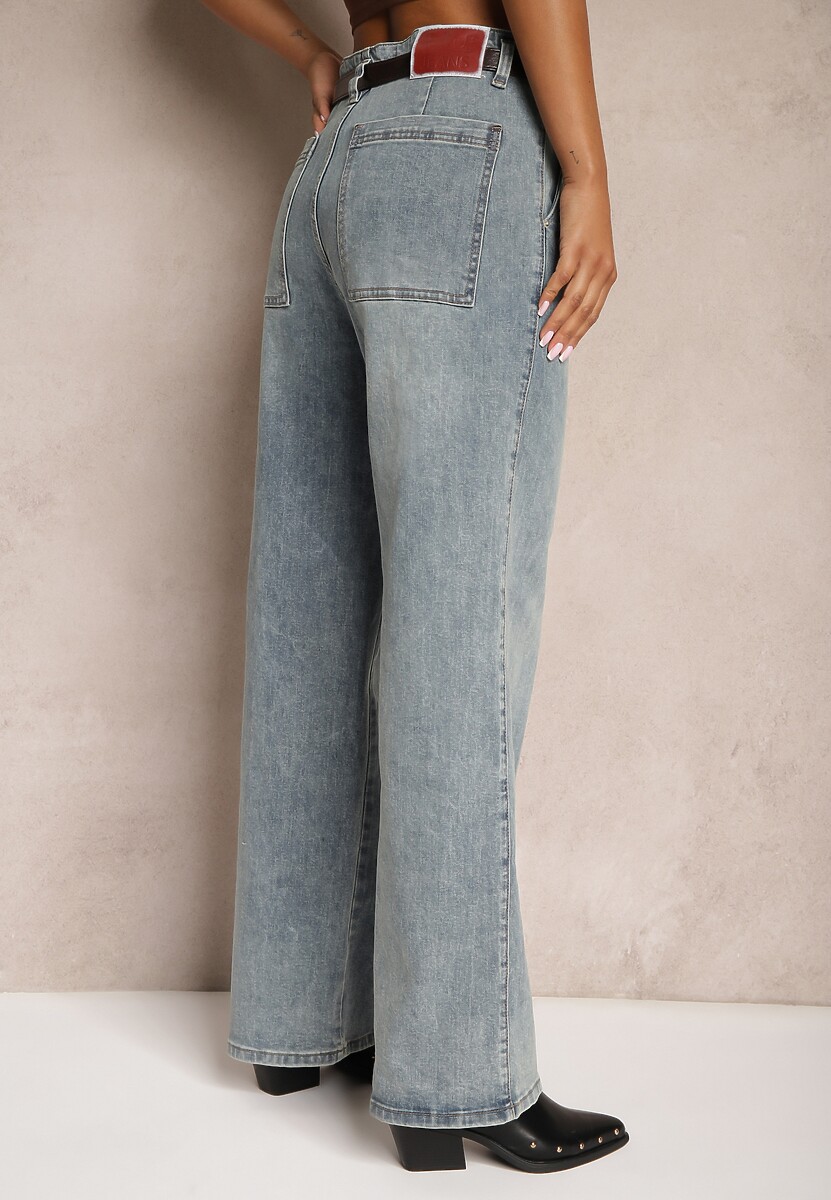 Jasnoniebieskie Bawełniane Szerokie Jeansy High Waist Ozdobione Paskiem Terilainas 3