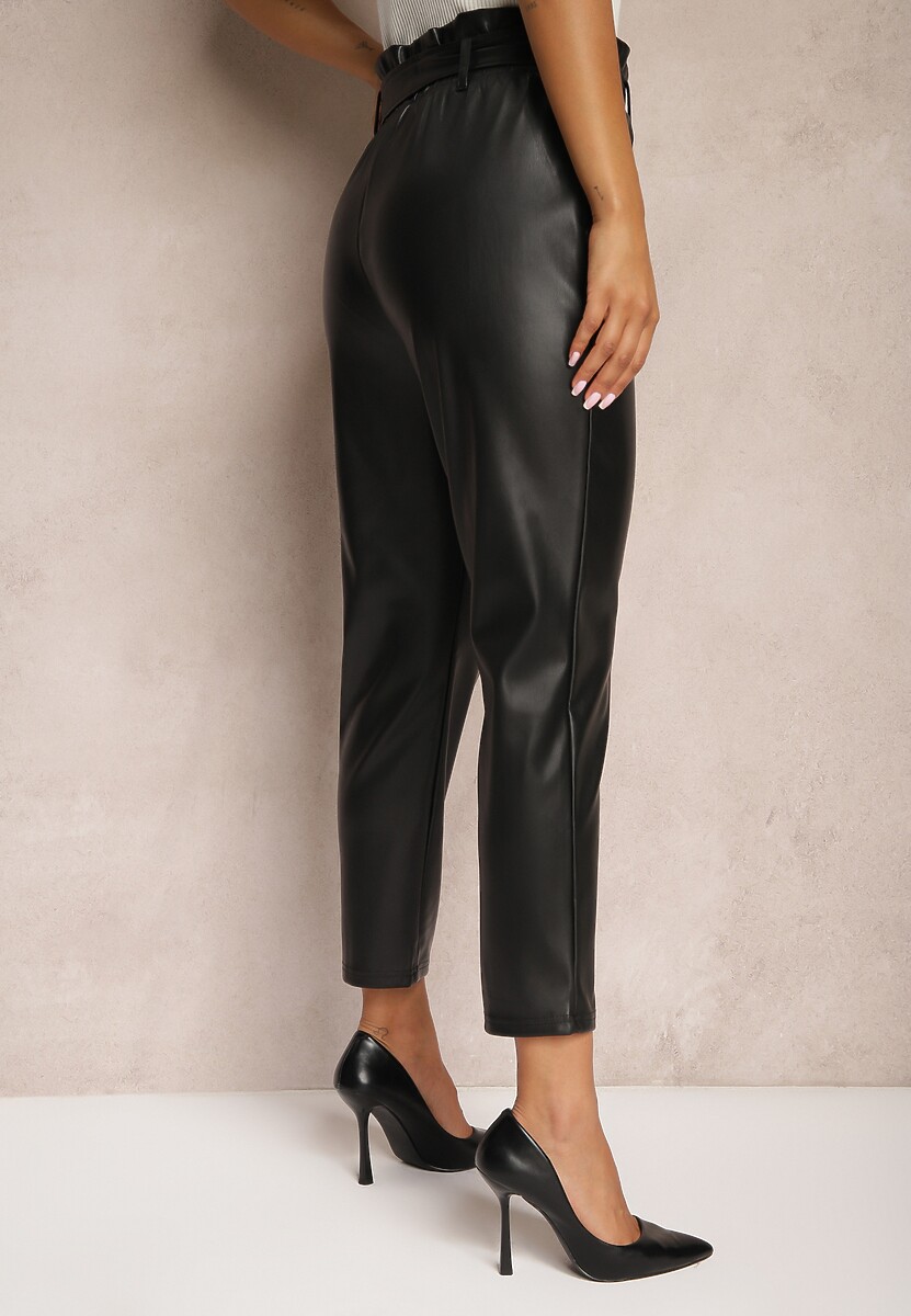 Czarne Spodnie Paper Bag High Waist z Imitacji Skóry Ozdobione Paskiem Veriina 3