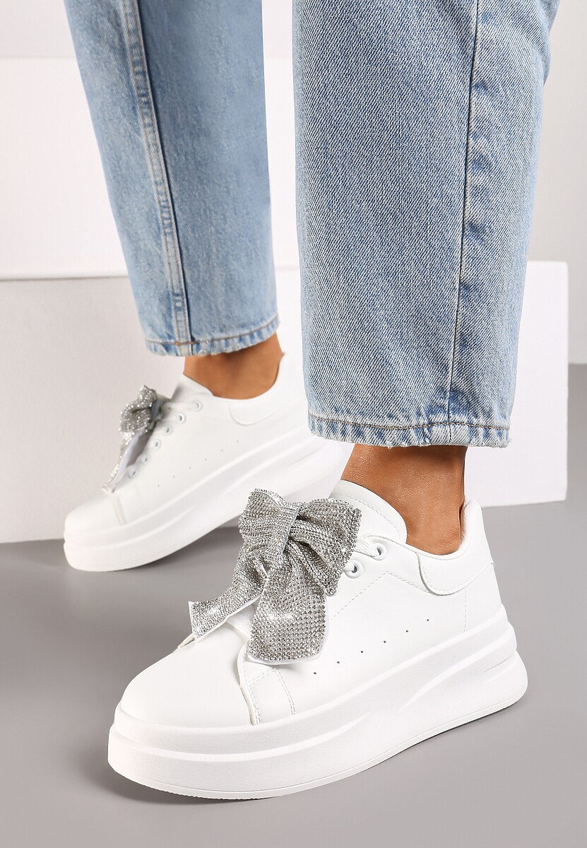 Białe Sneakersy na Platformie z Odpinaną Kokardą z Cyrkonii Terithe 2