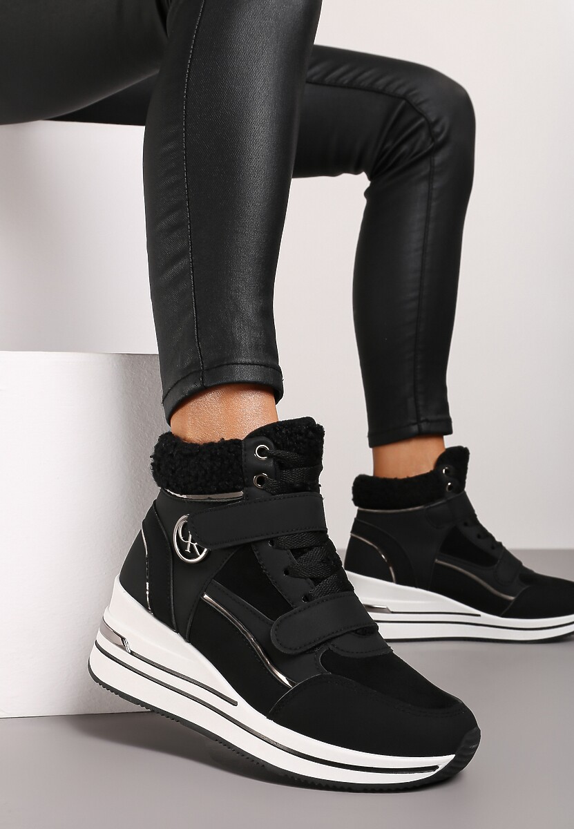 Czarne Sneakersy na Koturnie z Metalicznymi Wstawkami i Sztucznym Futerkiem Lerilanes 1