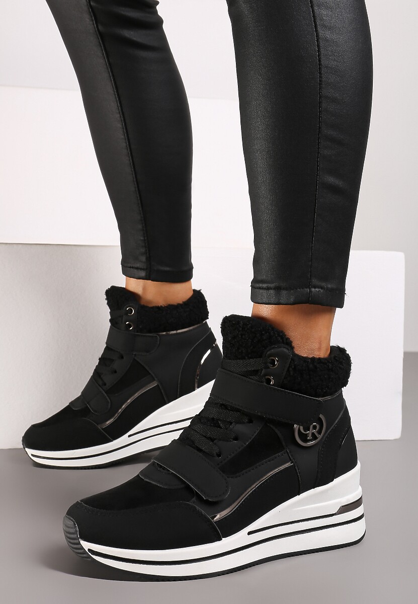 Czarne Sneakersy na Koturnie z Metalicznymi Wstawkami i Sztucznym Futerkiem Lerilanes 2