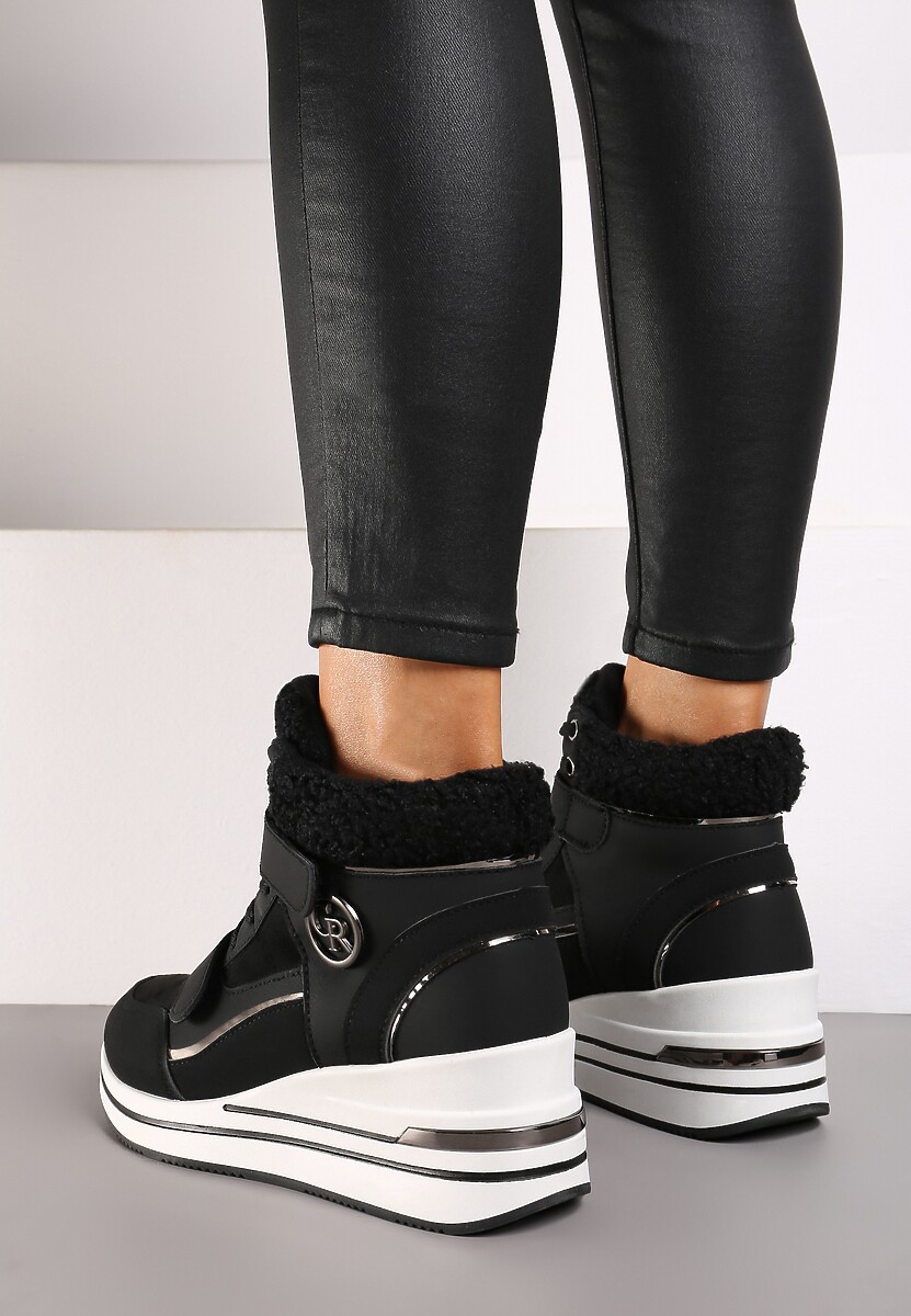 Czarne Sneakersy na Koturnie z Metalicznymi Wstawkami i Sztucznym Futerkiem Lerilanes 3