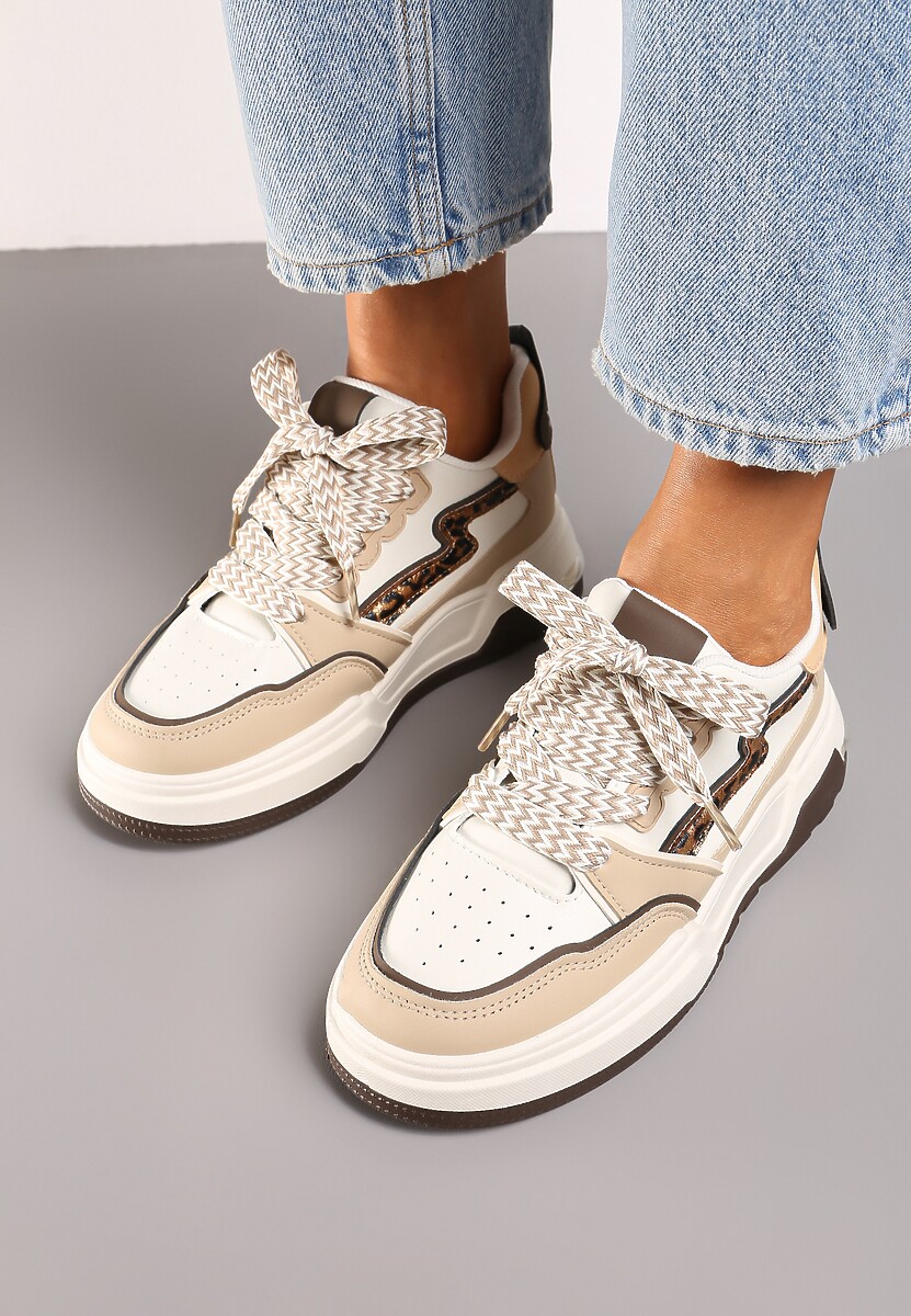 Beżowo-Brązowe Sneakersy z Przeszyciami w Panterkę i Grubą Podeszwą Berinela 3