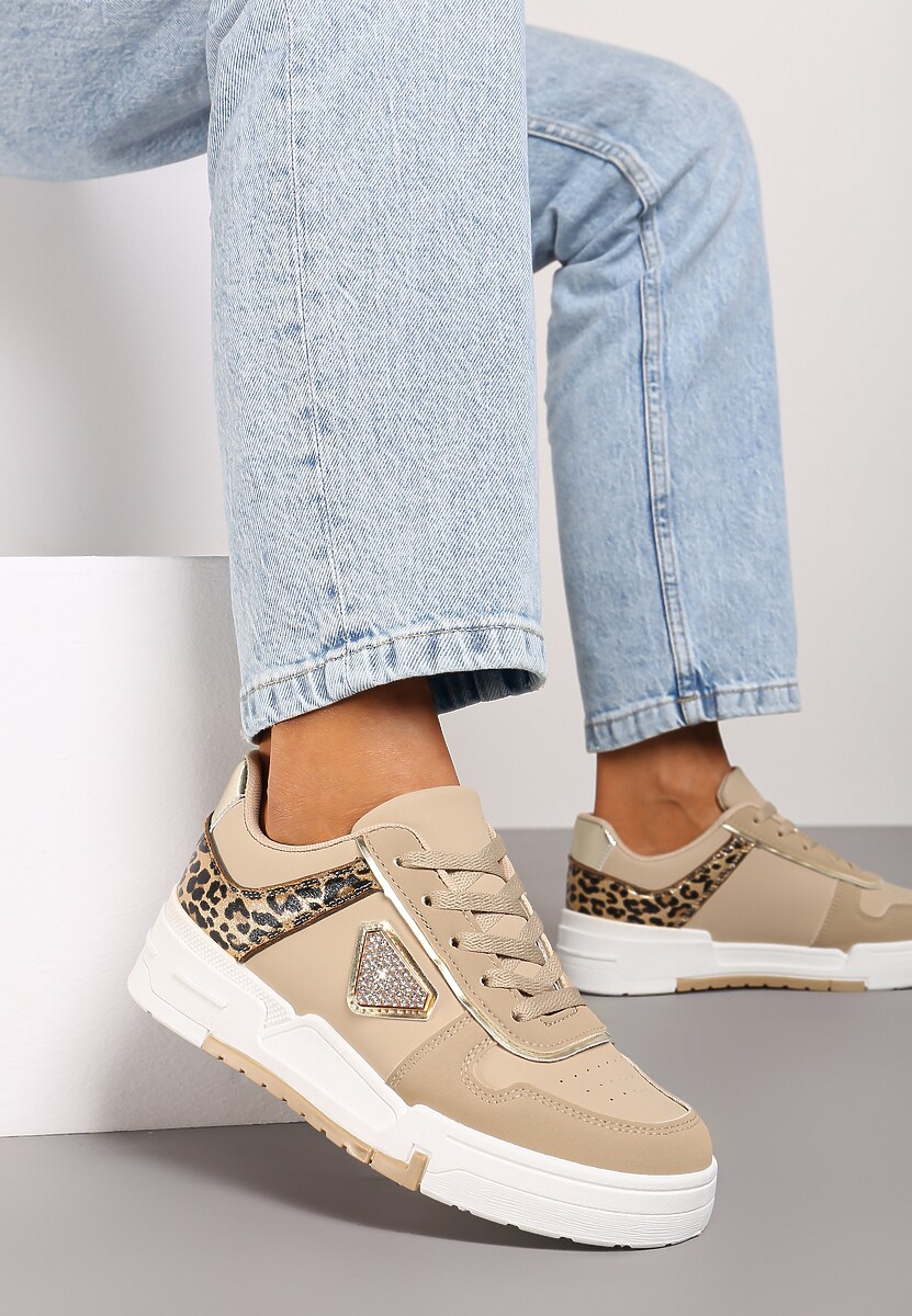 Beżowo-Brązowe Sneakersy na Platformie z Cyrkoniową Aplikacją Rexania 1