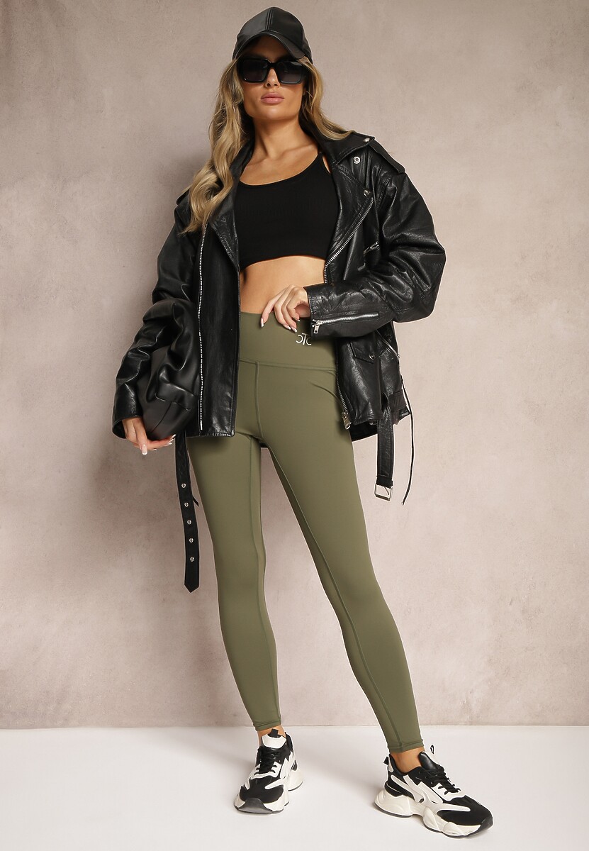 Ciemnozielone Sportowe Legginsy High Waist z Małym Ozdobnym Znaczkiem Lerilane 1