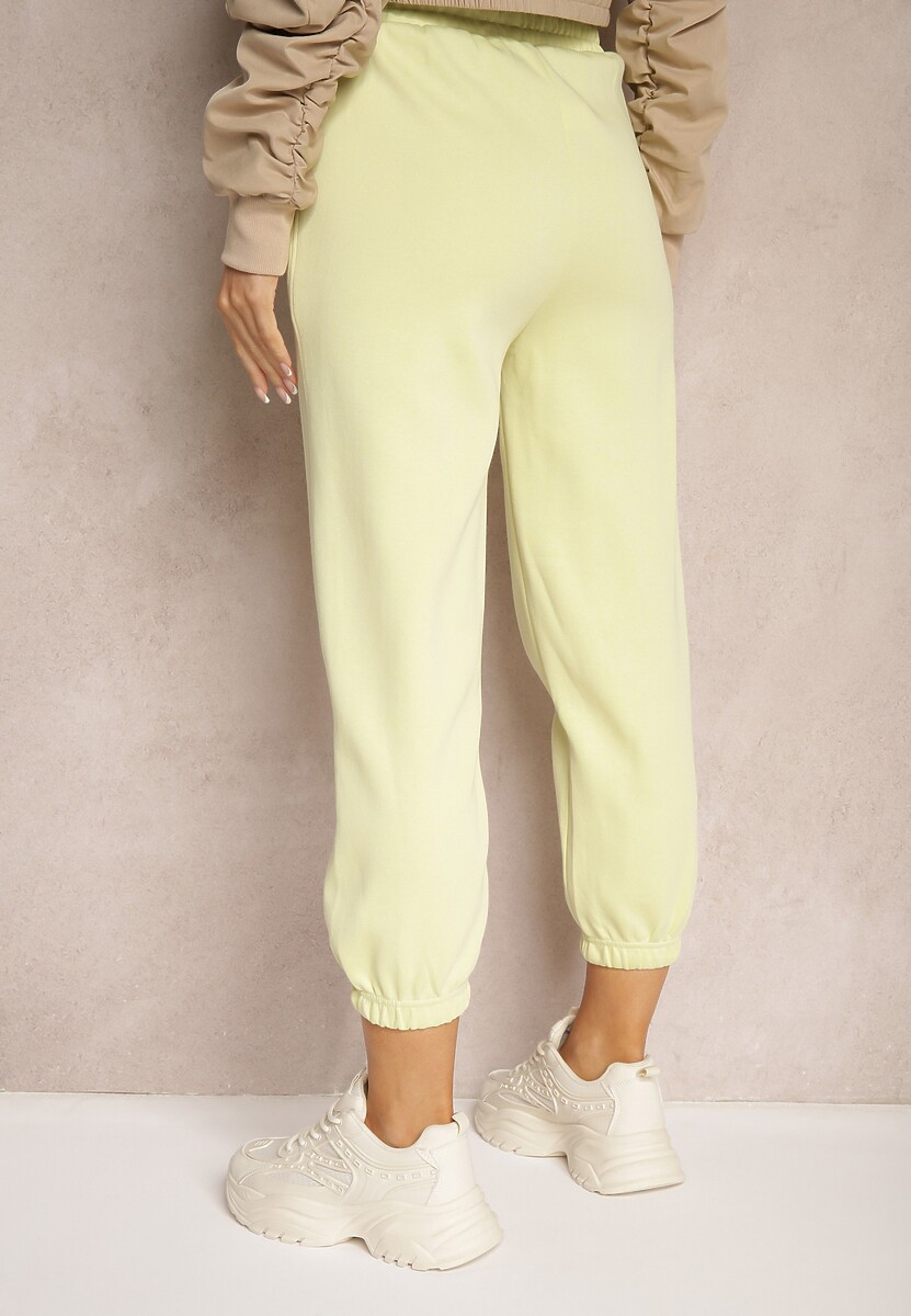 Jasnożółte Spodnie High Waist Dresowe Bawełniane ze Sznurkiem w Pasie i Małą Naszywką Lerianns 3