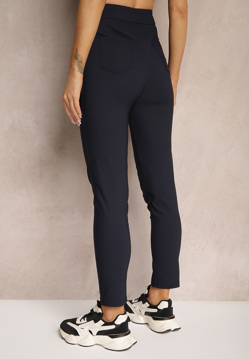 Granatowe Spodnie z Bawełną High Waist z Napisami oraz Gumką w Talii Rilaira 3