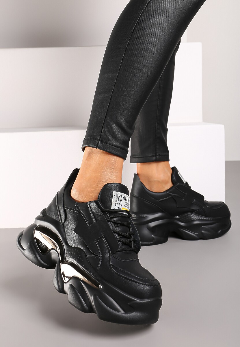 Czarne Sneakersy na Platformie z Odczepianym Królikiem i Metalicznymi Paskami Heslinne 3