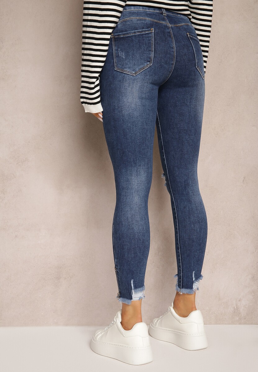 Niebieskie Jeansy Skinny z Bawełny High Waist z Przetarciami Erilisa 3