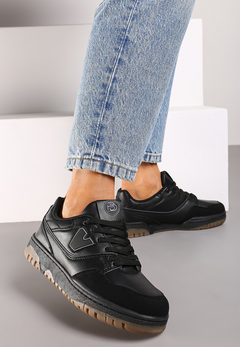 Czarne Sneakersy Sznurowane z Aplikacją na Boku i Przeszyciami Irilian 3