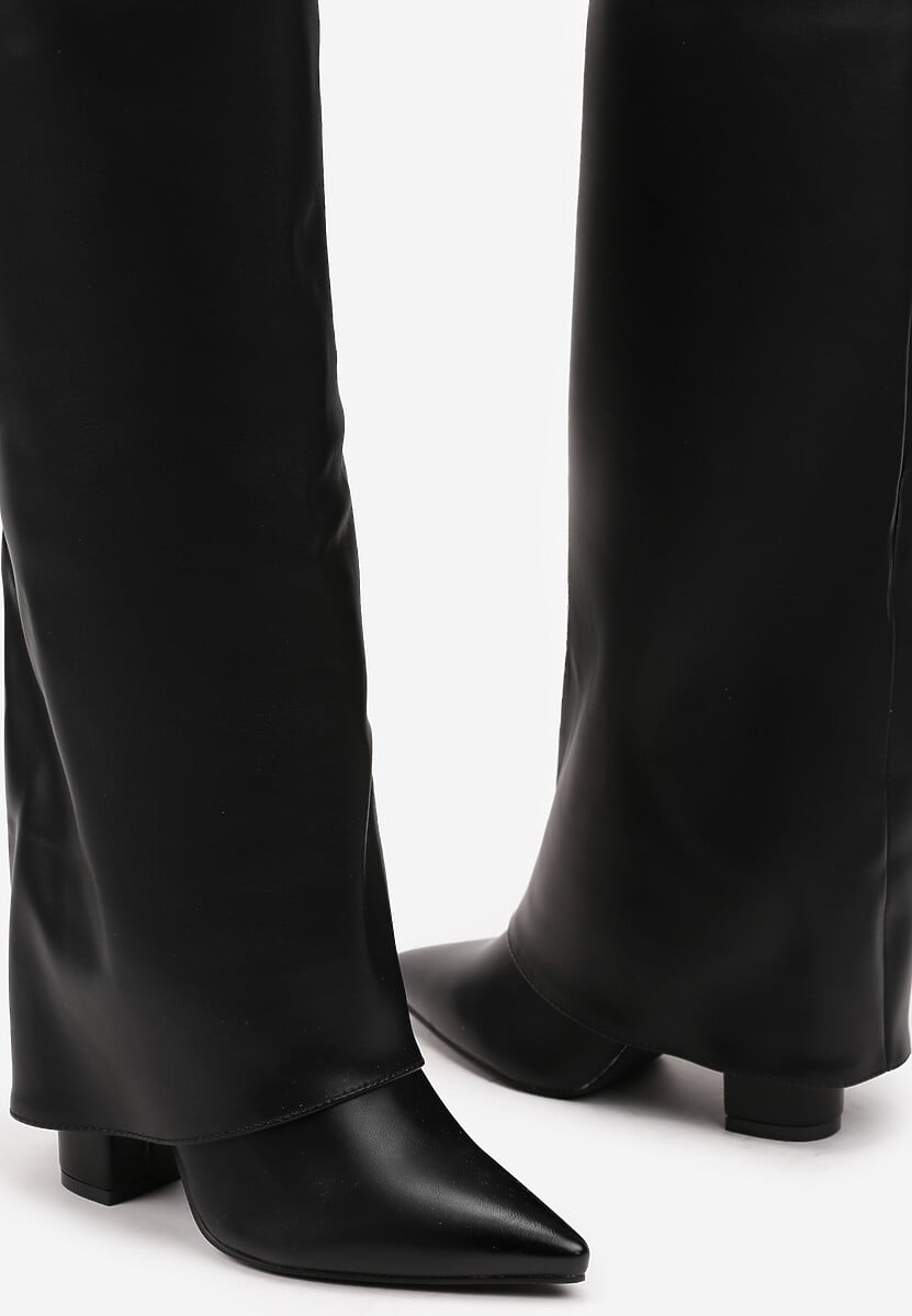 A SCENE ×HIMAA Czarne Kozaki na Słupku Ozdobione Wywiniętą Cholewką Heslia