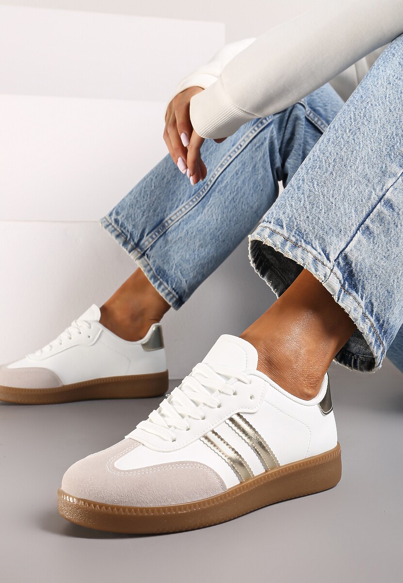 Biało-Złote Sneakersy na Płaskiej Podeszwie z Geometrycznym Zdobieniem Irinis 2