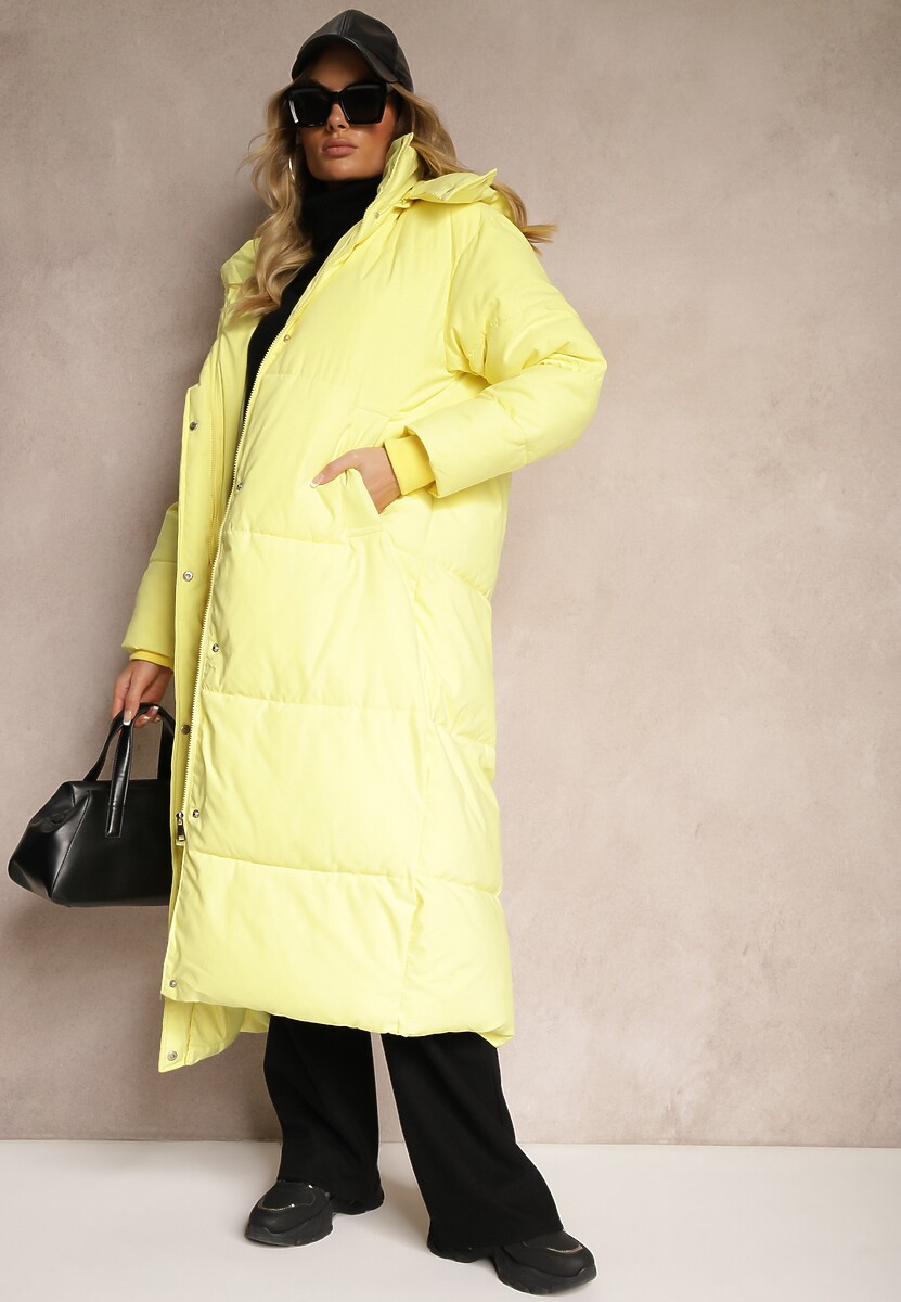 Żółta Długa Kurtka z Pikowaniem z Odpinanym Kapturem i Wsuwanymi Kieszeniami Daitras 2