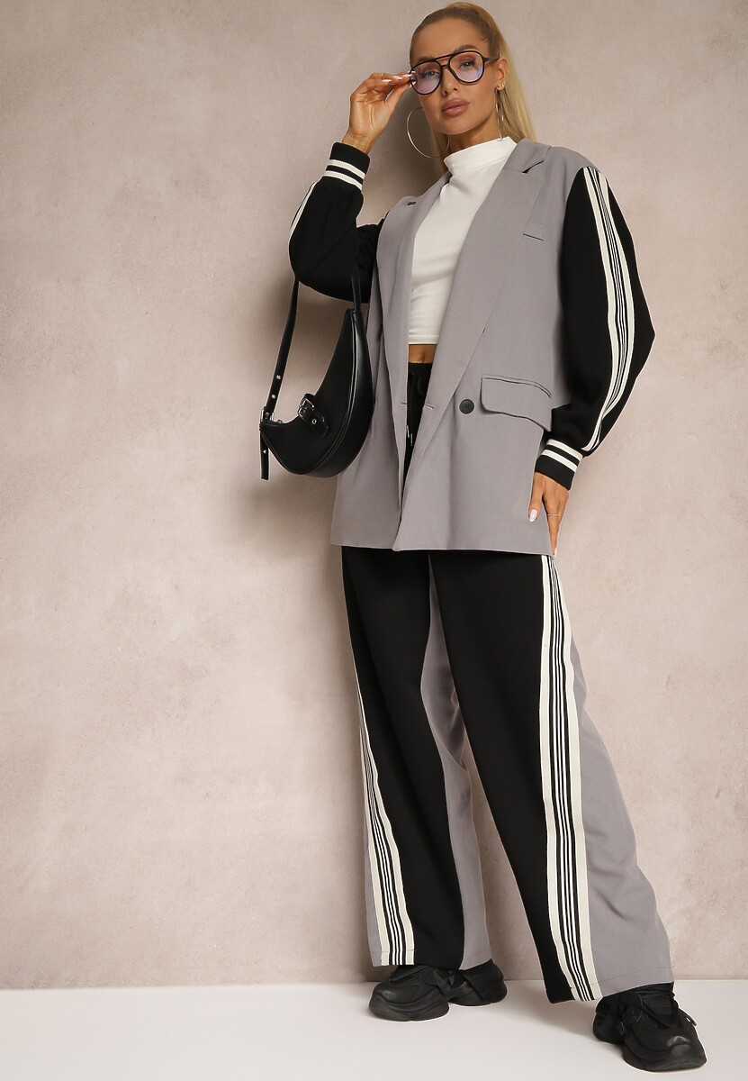 Szary Streetwearowy Komplet z Marynarką i Spodniami Wide Leg w Prążki Naorin 1