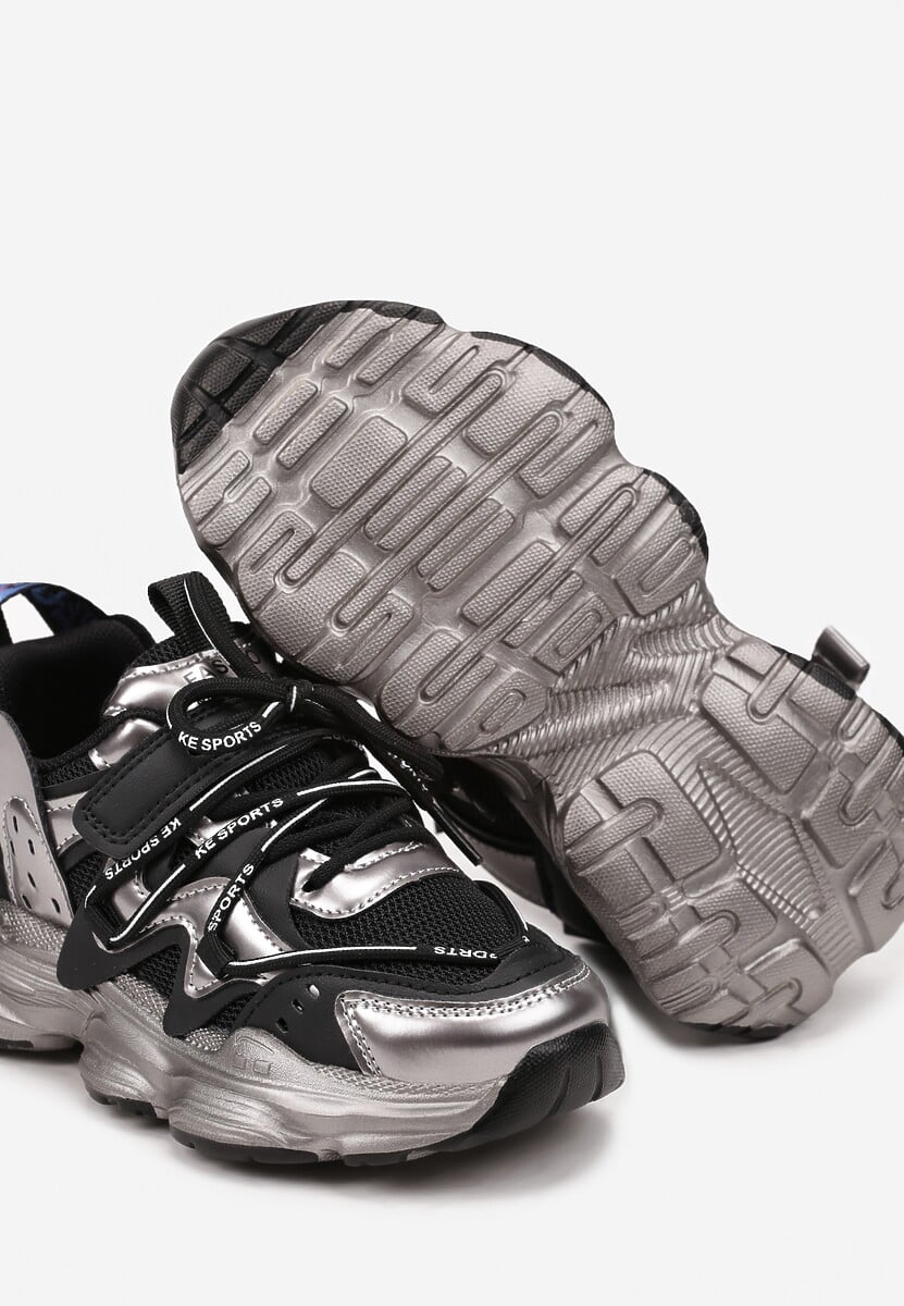 Czarne Buty Sportowe na Rzep z Metalicznymi Wstawkami na Grubej Podeszwie Lessiana 3