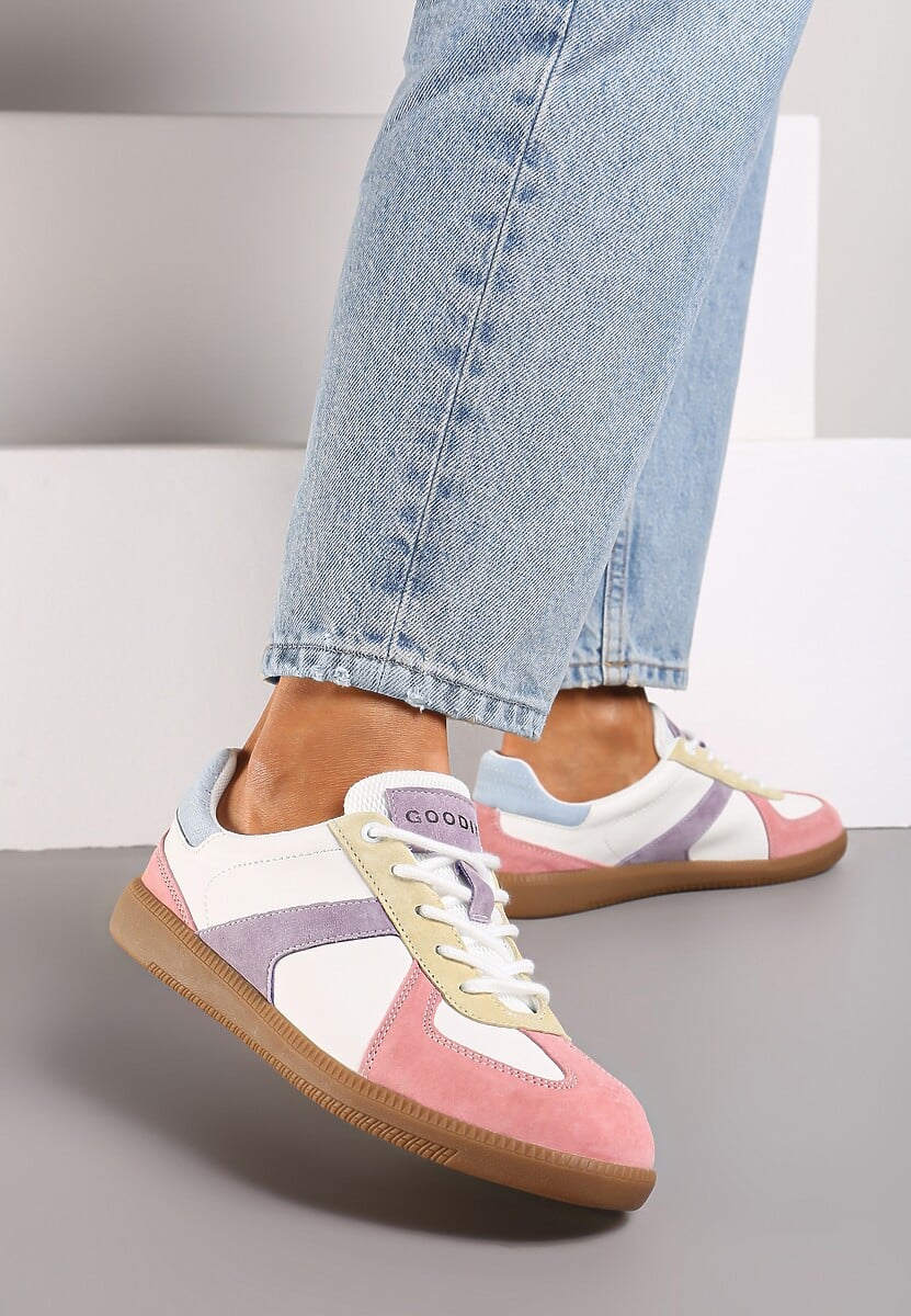Różowo-Białe Sneakersy ze Skóry Naturalnej na Płaskiej Podeszwie z Ozdobnymi Przeszyciami Verima 1