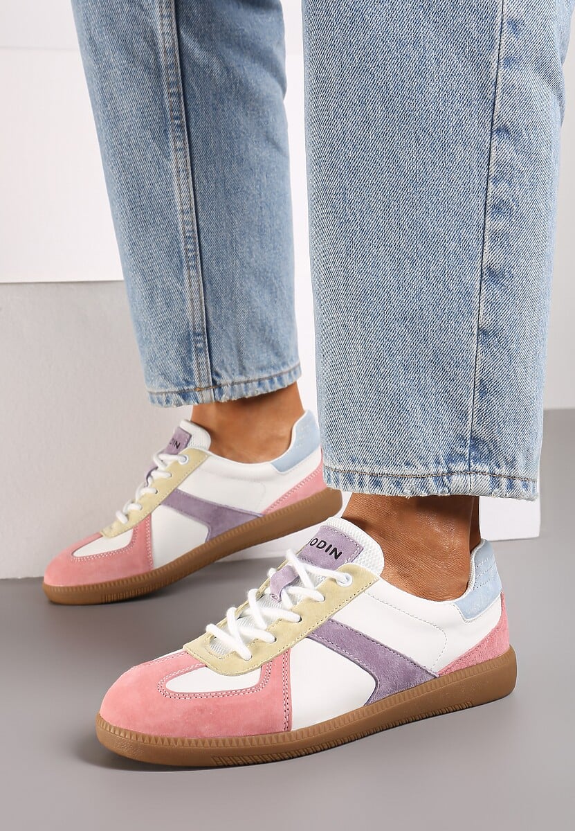 Różowo-Białe Sneakersy ze Skóry Naturalnej na Płaskiej Podeszwie z Ozdobnymi Przeszyciami Verima 3