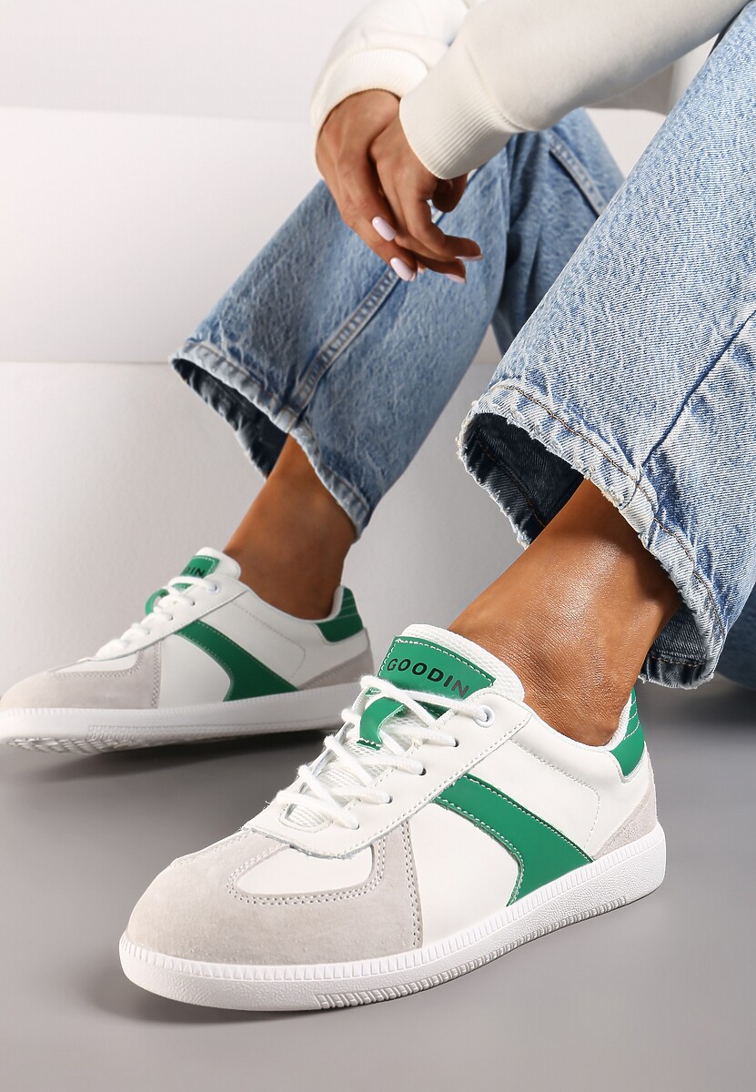 Biało-Zielone Sneakersy ze Skóry Naturalnej na Płaskiej Podeszwie z Ozdobnymi Przeszyciami Verima 1