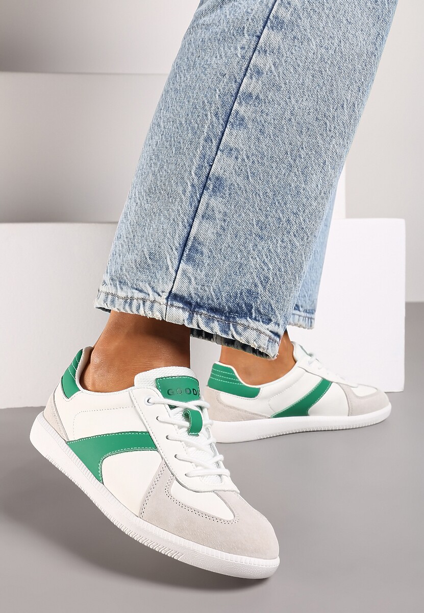 Biało-Zielone Sneakersy ze Skóry Naturalnej na Płaskiej Podeszwie z Ozdobnymi Przeszyciami Verima 2