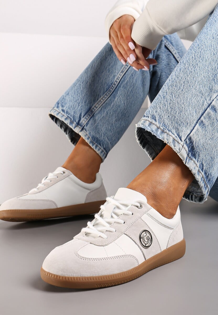 Biało-Szare Sneakersy z Wkładką ze Skóry Naturalnej i Cyrkoniowym Detalem Erisida 2