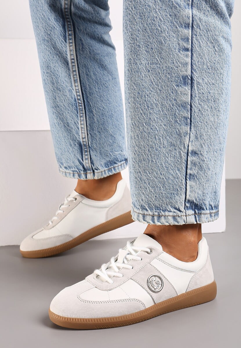Biało-Szare Sneakersy z Wkładką ze Skóry Naturalnej i Cyrkoniowym Detalem Erisida 3