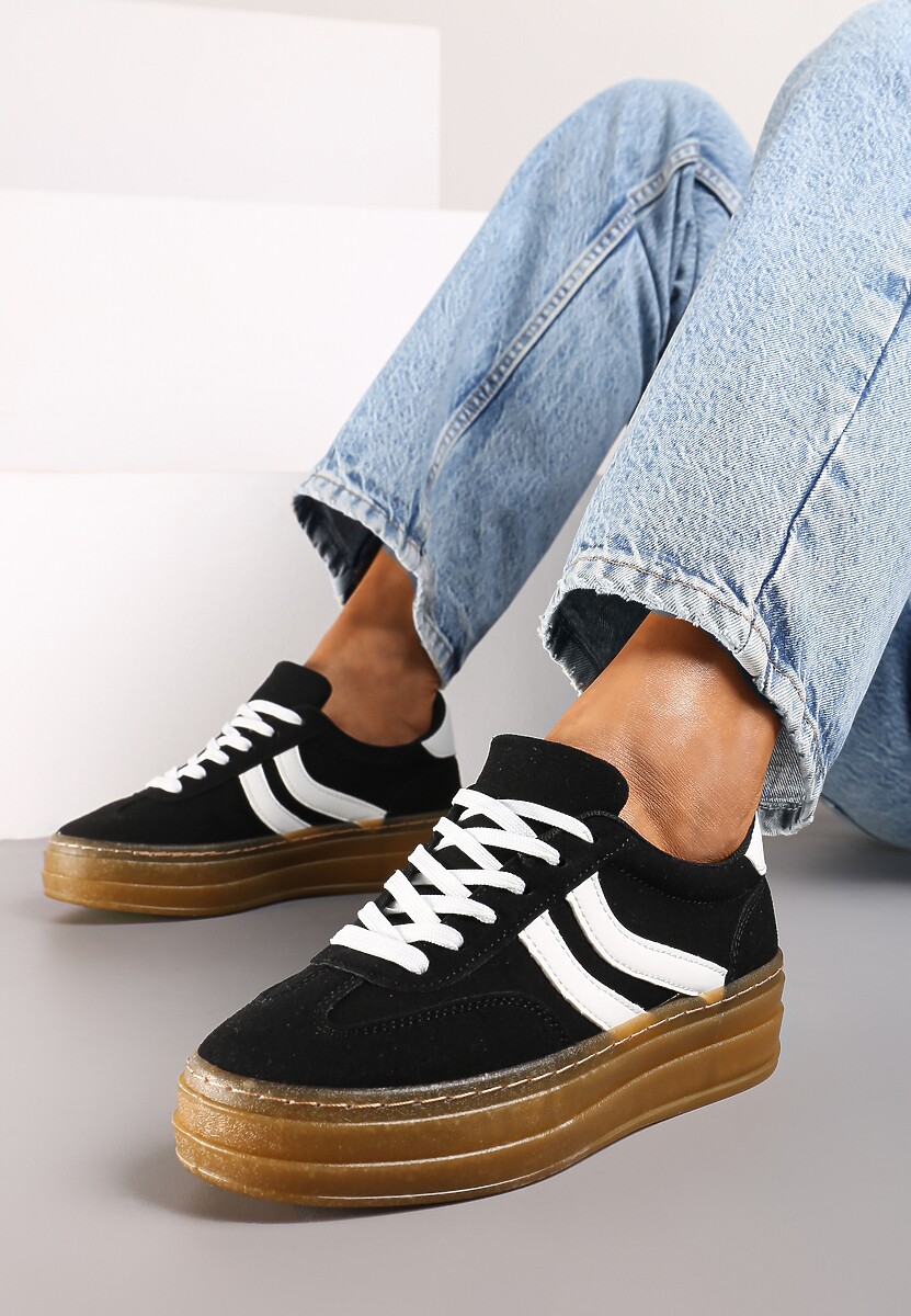 Czarne Sneakersy na Grubszej Podeszwie z Przeszyciami Erisosa 1