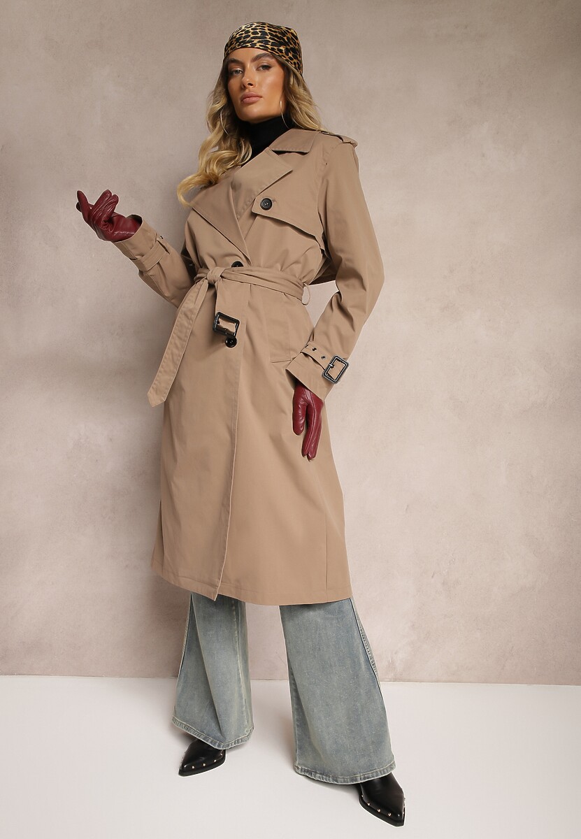 Ciemnobeżowy Dwurzędowy Płaszcz Trencz z Paskiem w Talii Mailaine 1