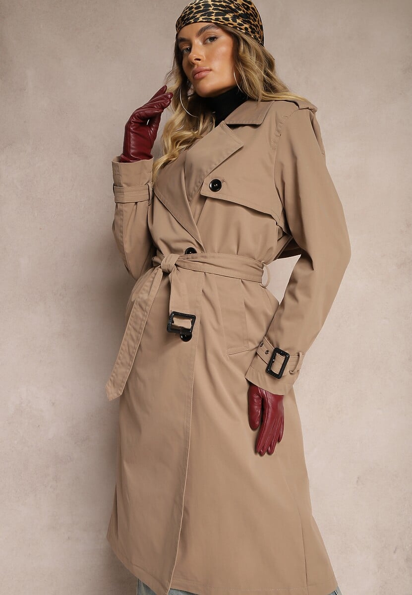 Ciemnobeżowy Dwurzędowy Płaszcz Trencz z Paskiem w Talii Mailaine 2