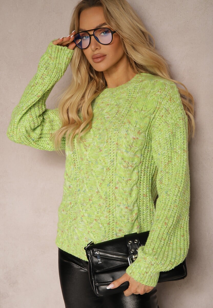 Zielony Casualowy Sweter z Wełną z Kolorowymi Przeszyciami Dezira 1