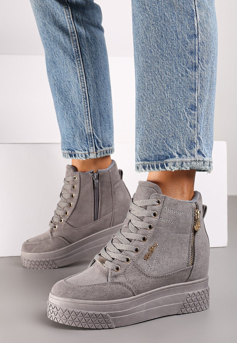 Szare Sneakersy na Koturnie z Metalicznymi Detalami i Dodatkowym Suwakiem Dailise 2