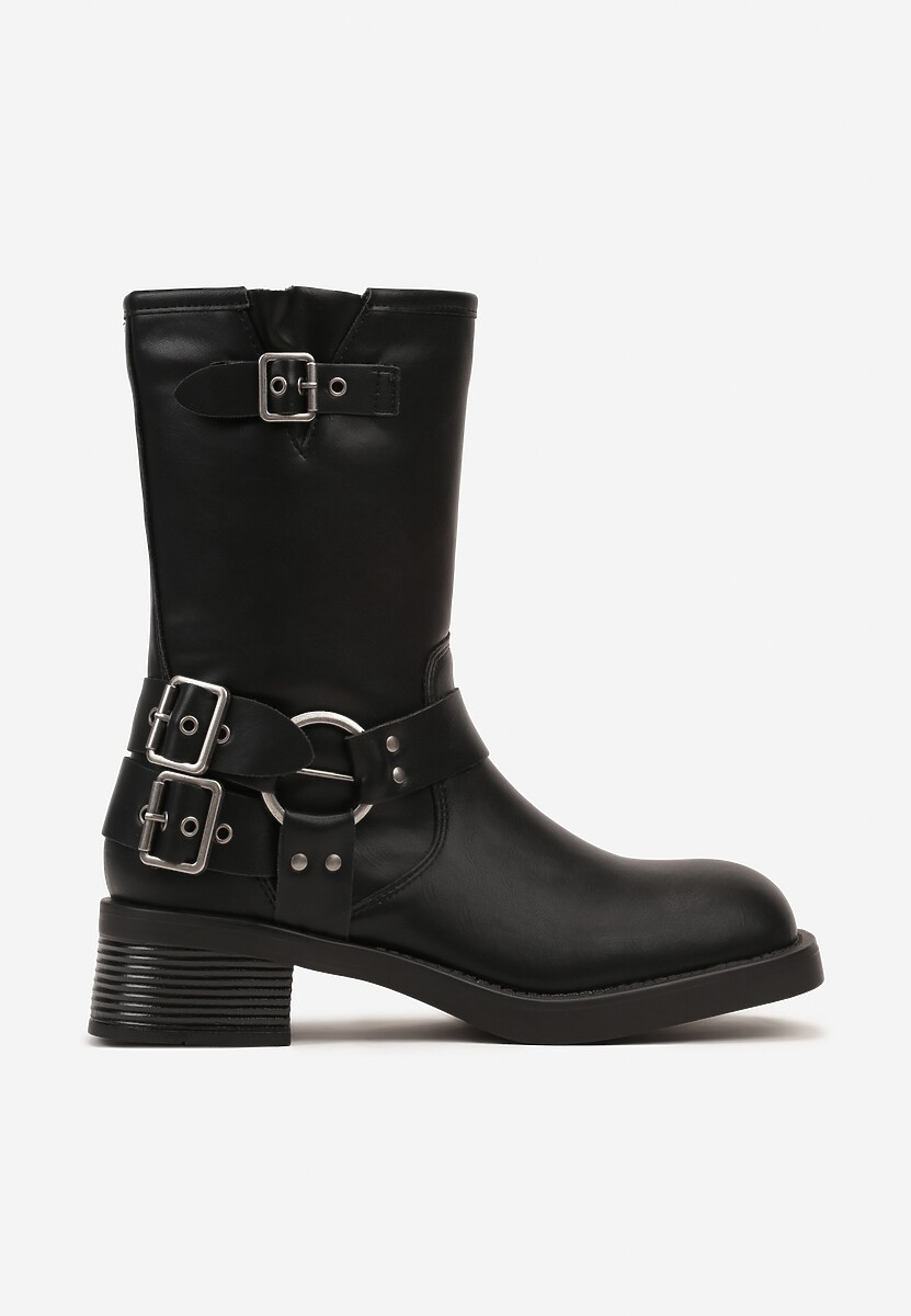 Czarne Botki Motocyklowe Ozdobione Klamrami Nerilita - Renee