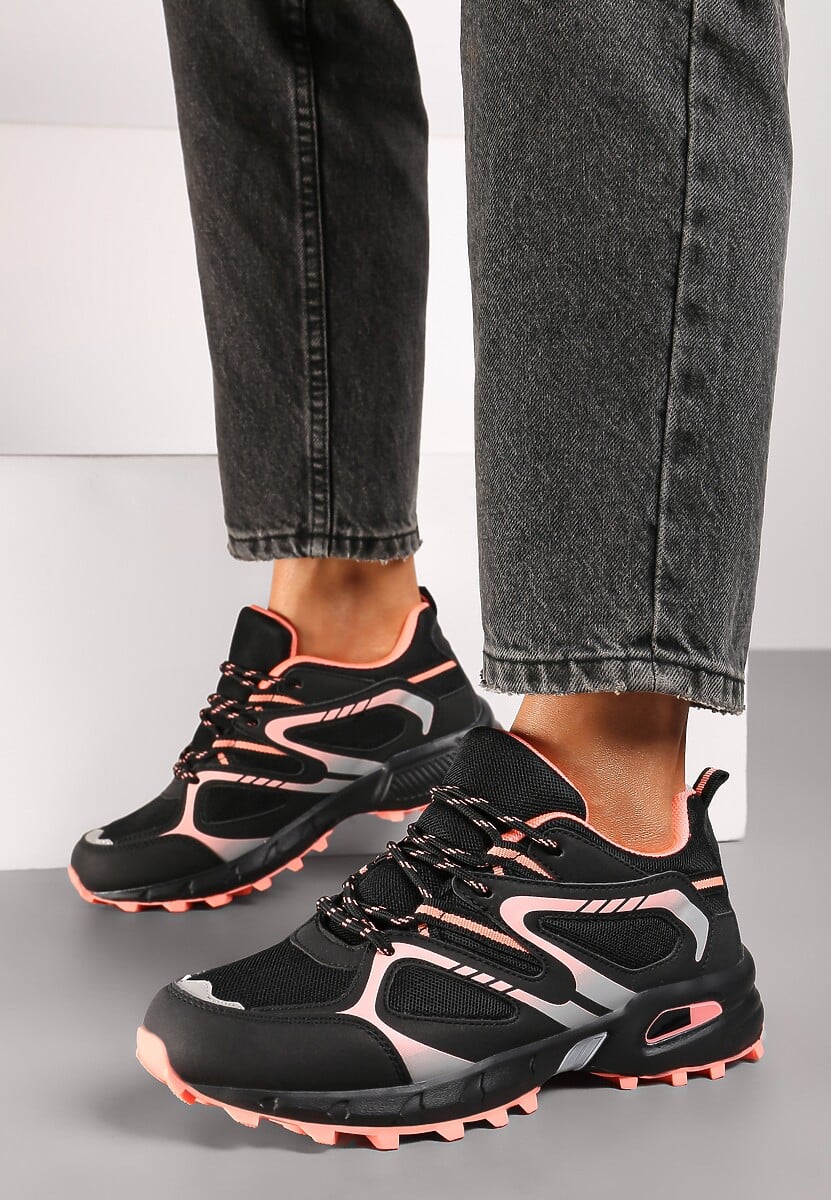 Czarno-Różowe Buty Sportowe Sneakersy na Płaskiej Podeszwie ze Sznurowaniem i Geometrycznym Wzorem Raivi 1