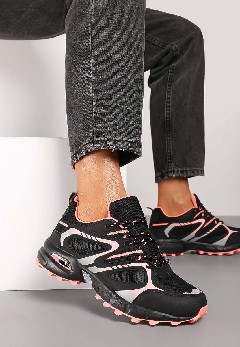 Czarno-Różowe Buty Sportowe Sneakersy na Płaskiej Podeszwie ze Sznurowaniem i Geometrycznym Wzorem Raivi 2