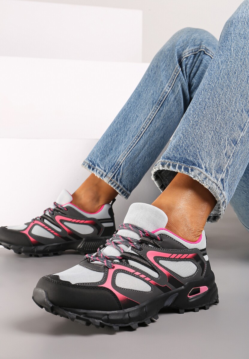 Szaro-Fuksjowe Buty Sportowe Sneakersy na Płaskiej Podeszwie ze Sznurowaniem i Geometrycznym Wzorem Raivi 2