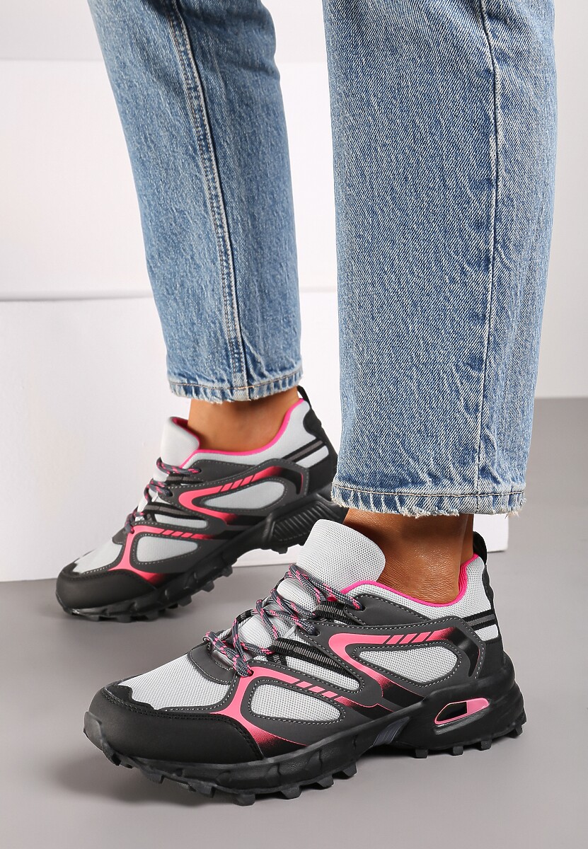 Szaro-Fuksjowe Buty Sportowe Sneakersy na Płaskiej Podeszwie ze Sznurowaniem i Geometrycznym Wzorem Raivi 3