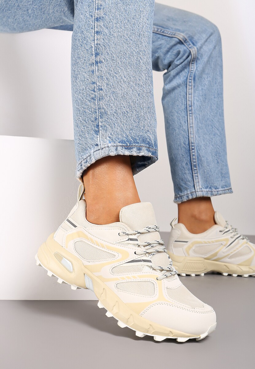 Beżowe Buty Sportowe Sneakersy na Płaskiej Podeszwie ze Sznurowaniem i Geometrycznym Wzorem Raivi 1
