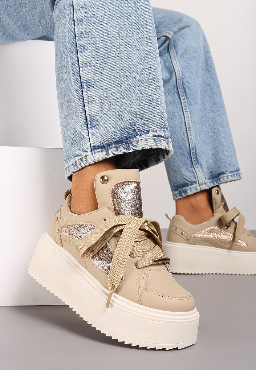 Ciemnobeżowe Sneakersy na Platformie Ozdobione Nitami i Metalicznymi Elementami Azista 1