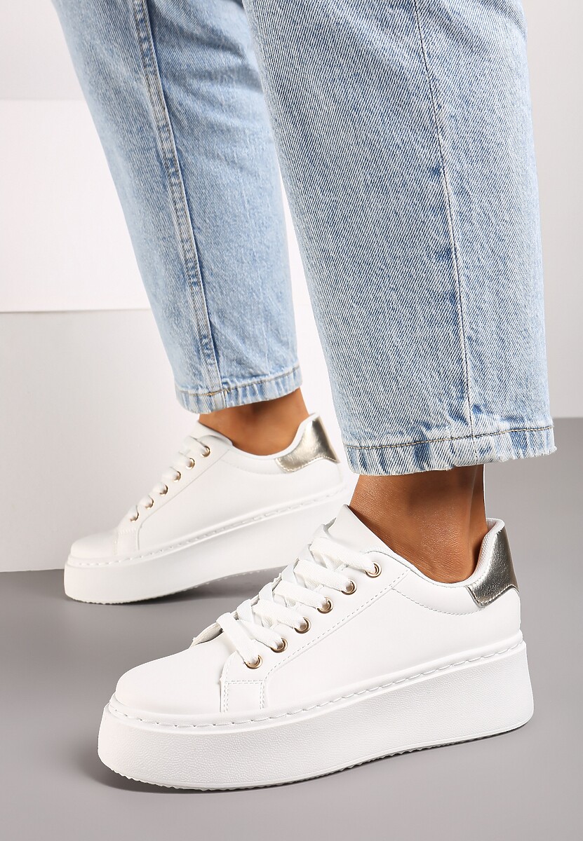 Biało-Złote Basicowe Sneakersy na Grubej Podeszwie Lirelisa 3