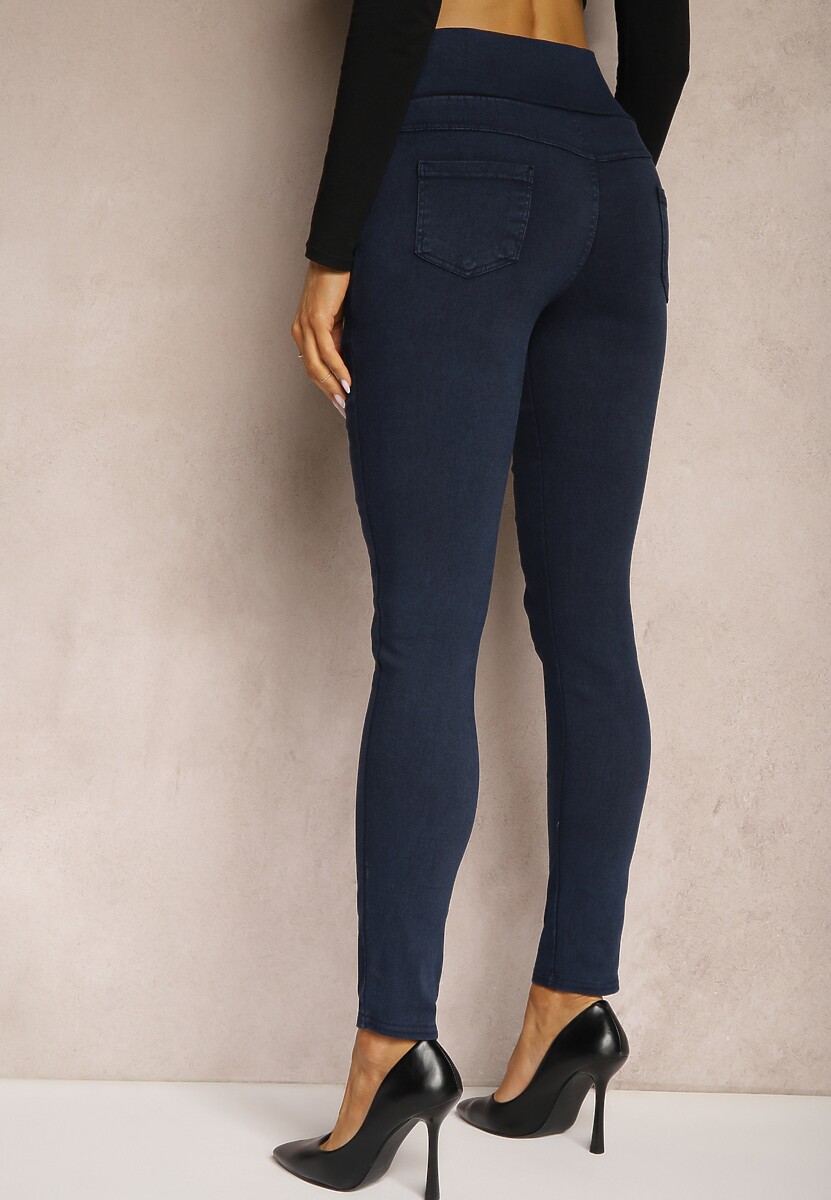 Granatowe Spodnie Skinny High Waist z Gumką w Talii Nitami i Ozdobnymi Guzikami Ciandora 3